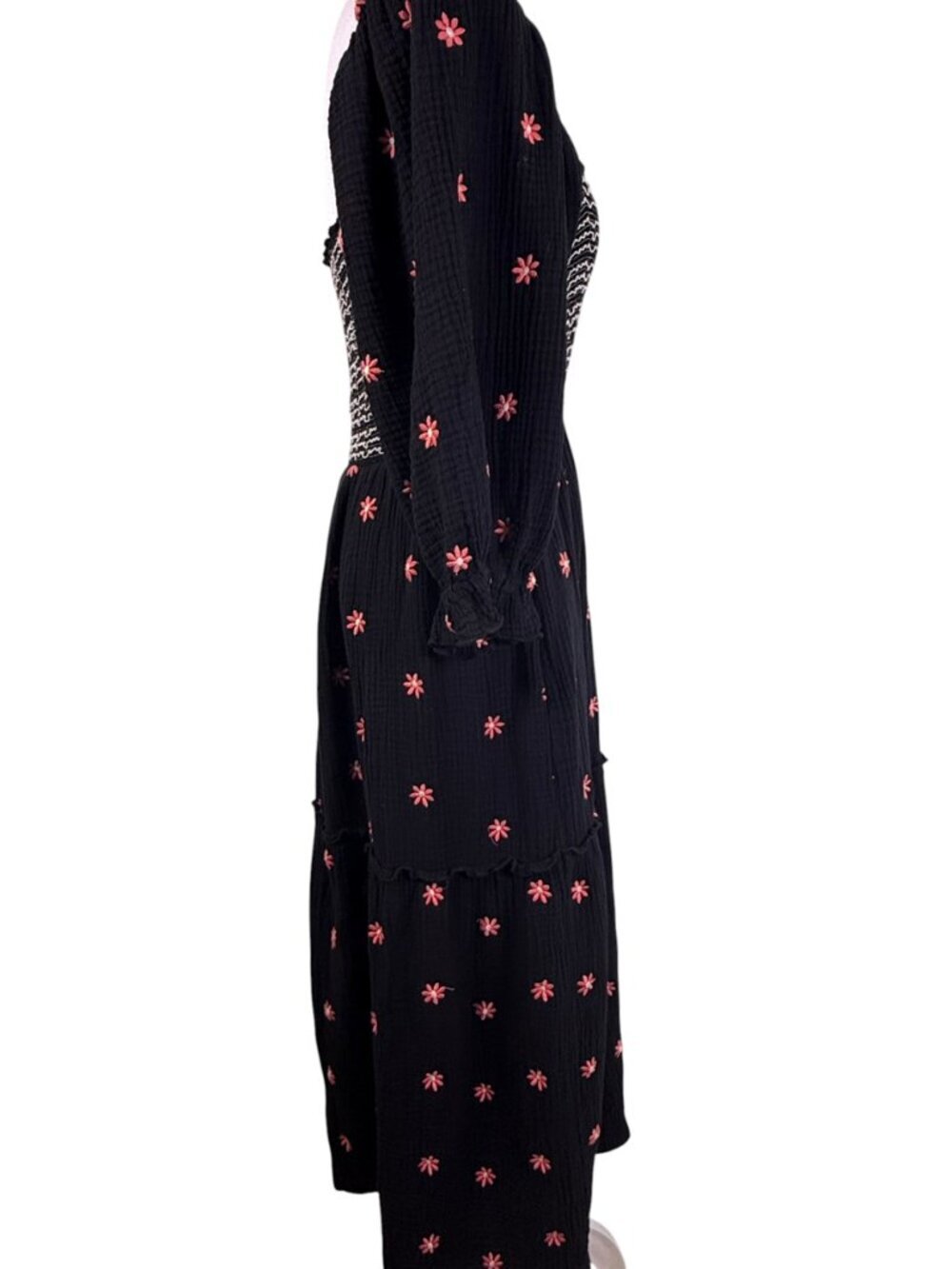 Boutique Style Black Smocked Midi Dress Pink Embroidered Floral Cottagecore M - Picture 9 of 14